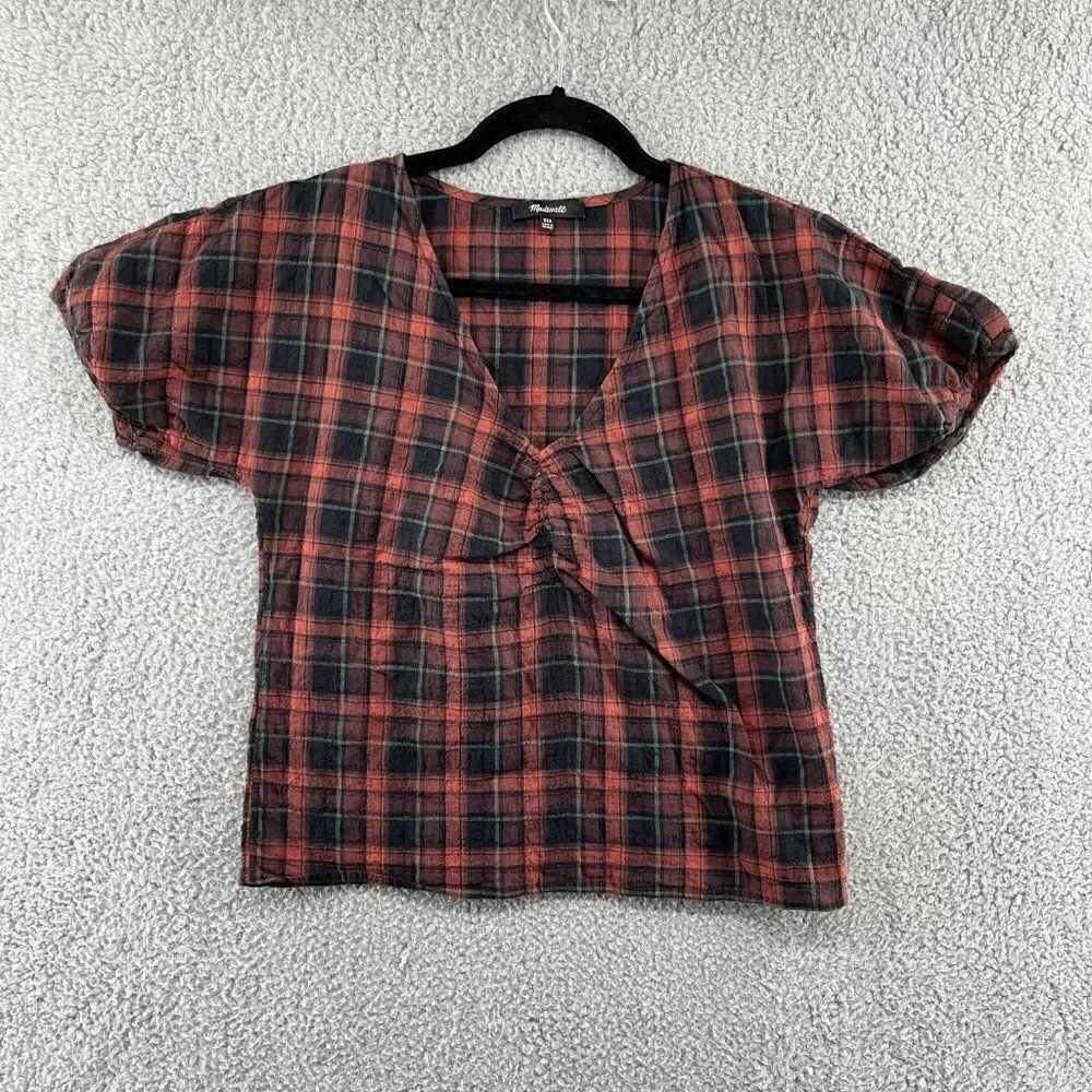 Madewell Gathered V-Neck Top in Plaid